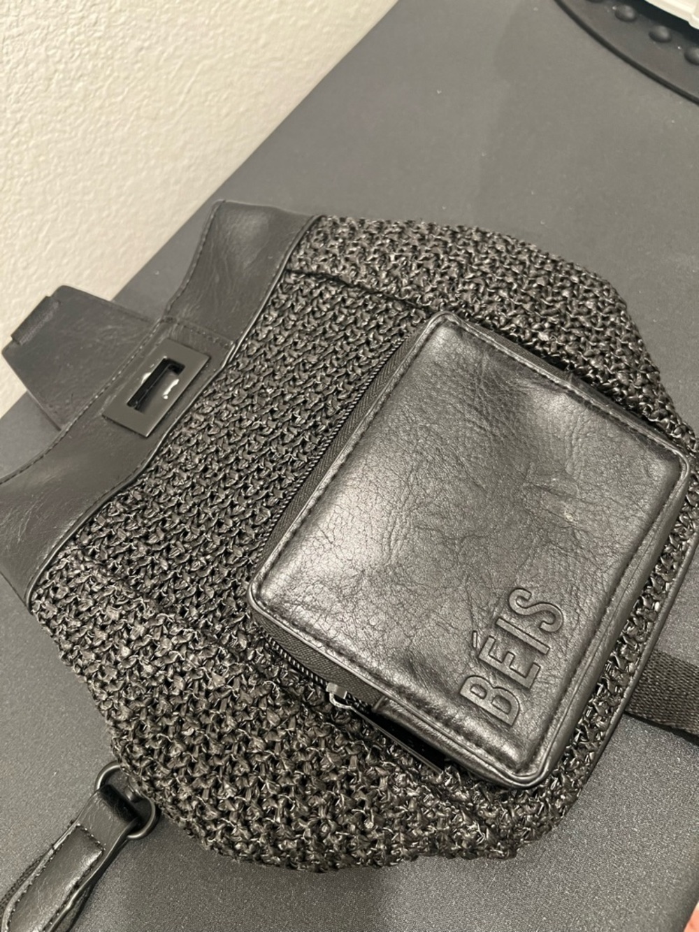 BEIS Black Woven Leather-Trim Crossbody